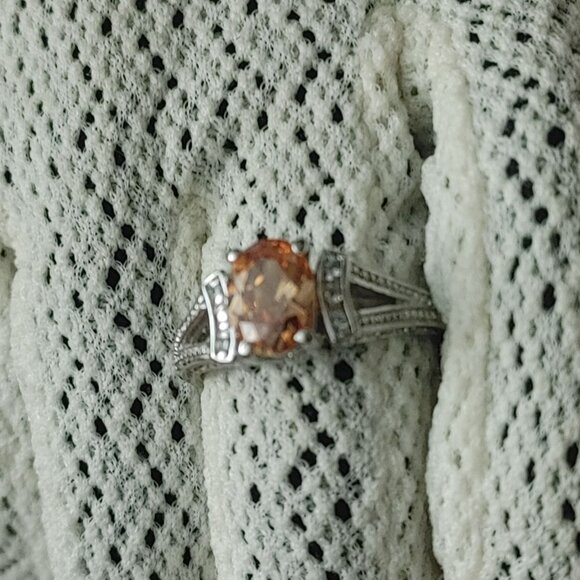 Citrine Ring 9mm Sterling Silver 925 Engagement Ring Simulated Diamond Accents - Picture 4 of 10